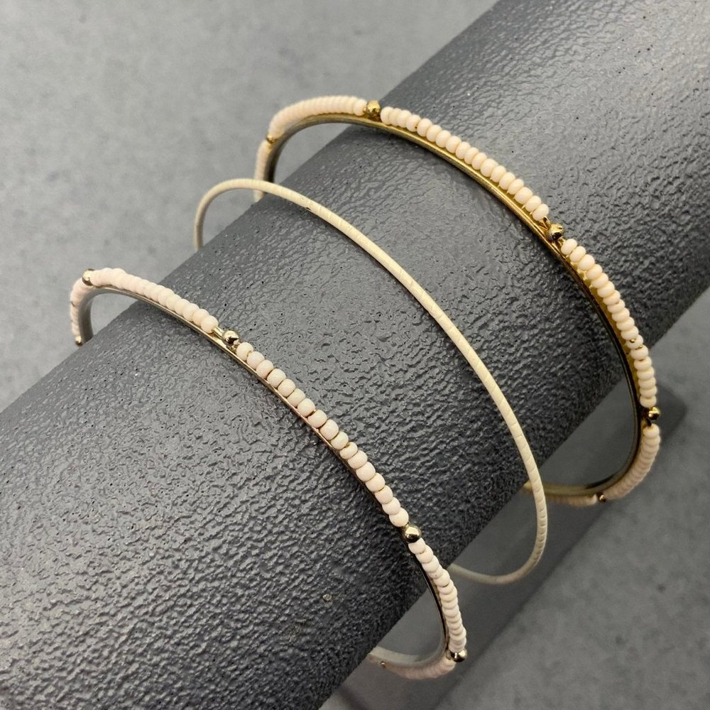 White Bangle Bracelet Lot Gold Silver Seed Bead Enamel Skinny Retro BoHo